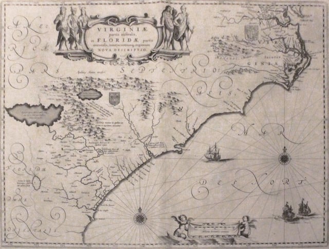 Map depicting the Colony of Virginia (according to the Second Charter), made by Willem Blaeu between 1609 and 1638