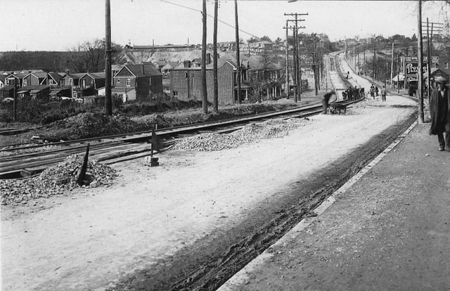 The Weston radial line, pictured here in October 1925, about a month before opening, was the impetus for development along what was until then a muddy stagecoach trail.