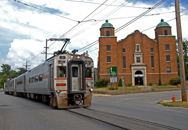 A South Shore commuter train in Michigan City