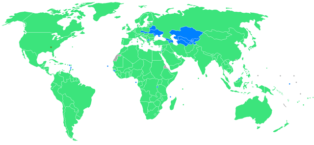 Participants at Summer olympics 1996Blue = Participating for the first time. Green = Have previously participated. Yellow square is host city (Atlanta)