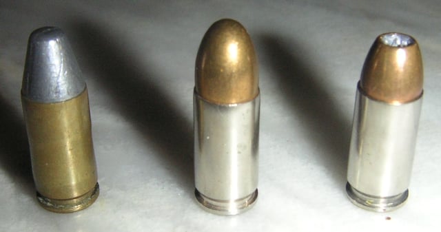 Three projectile types:  unjacketed (lead), full metal jacket, and hollow point