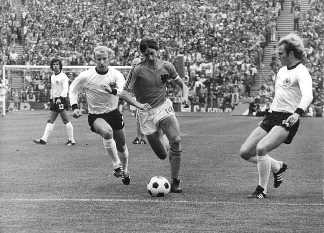 Cruyff in the box during the 1974 World Cup Final, just before he was fouled for a penalty