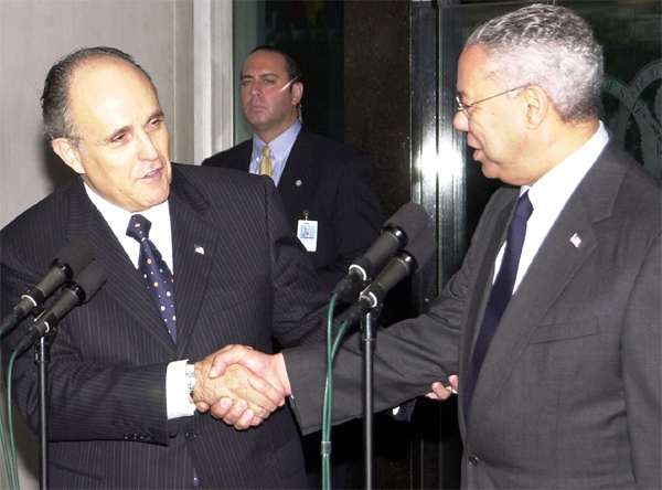 Giuliani and Secretary of State Colin Powell at the U.S. Delegation to OSCE's Anti-Semitism Meeting in Vienna, Austria, in 2003