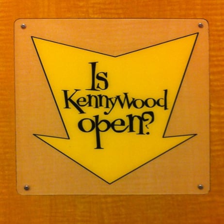 A sign reading "Is Kennywood Open?" in a restroom at Eat'n Park near Pittsburgh Mills.
