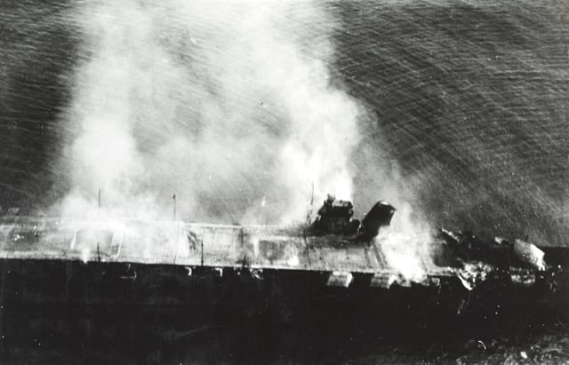 The abandoned and burning Hiryū photographed by an airplane from the Hōshō