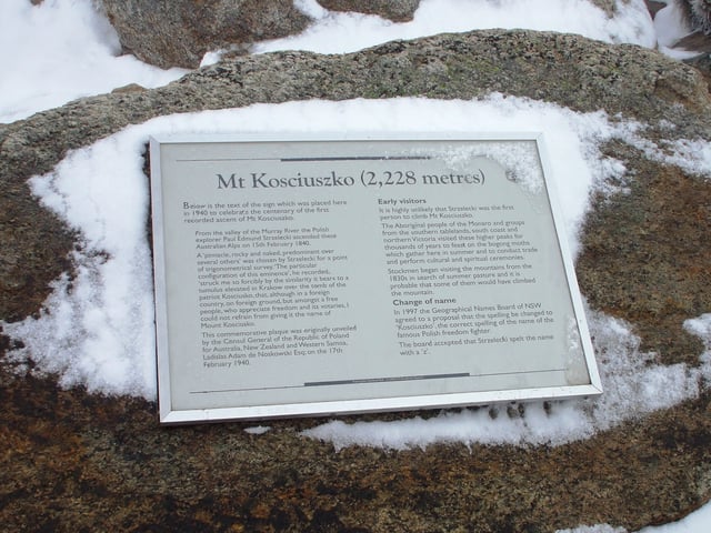 A commemorative plaque devoted to Strzelecki on the summit of Mount Kosciuszko, the highest mountain in Australia