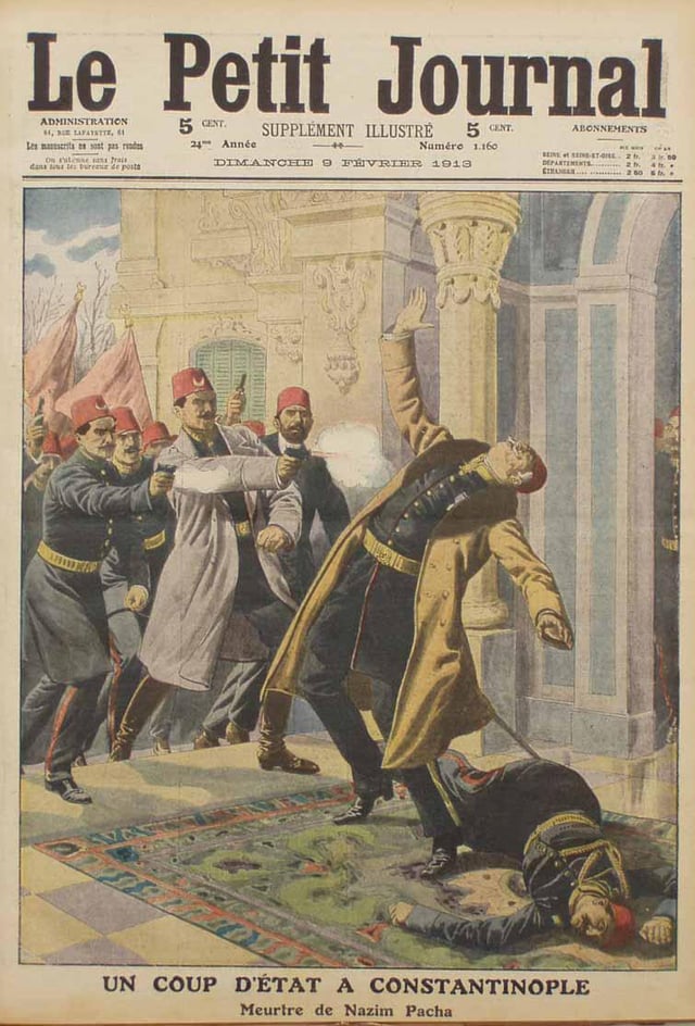 The front page of the Le Petit Journal magazine in February 1913 depicting the assassination of Minister of War Nazım Pasha during the 1913 coup