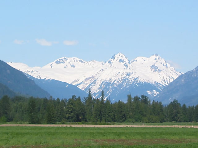 The Mount Meager massif as seen from the east near Pemberton. Summits left to right are Capricorn Mountain, Mount Meager and Plinth Peak.