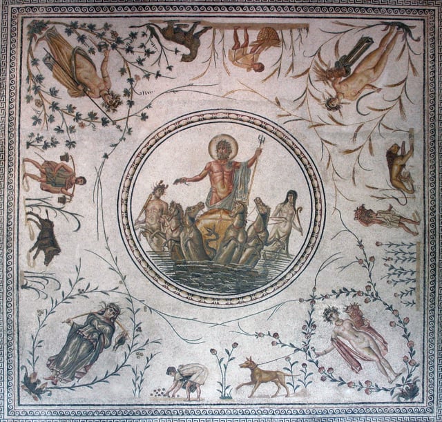The Triumph of Neptune floor mosaic from Africa Proconsularis (present-day Tunisia), celebrating agricultural success with allegories of the Seasons, vegetation, workers and animals viewable from multiple perspectives in the room (latter 2nd century)