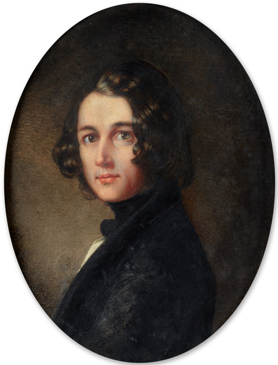Dickens portrait by Margaret Gillies, 1843. Painted during the period when he was writing A Christmas Carol, it was in the Royal Academy of Arts' 1844 summer exhibition. After viewing it there, Elizabeth Barrett Browning said that it showed Dickens with "the dust and mud of humanity about him, notwithstanding those eagle eyes".