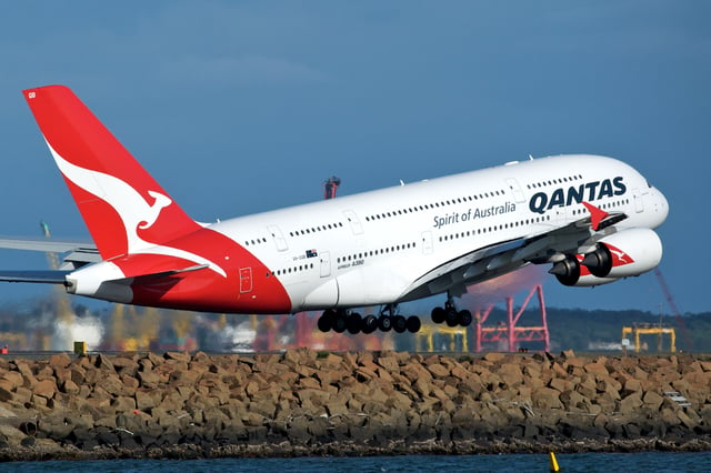 Qantas A380 taking off at Sydney Airport