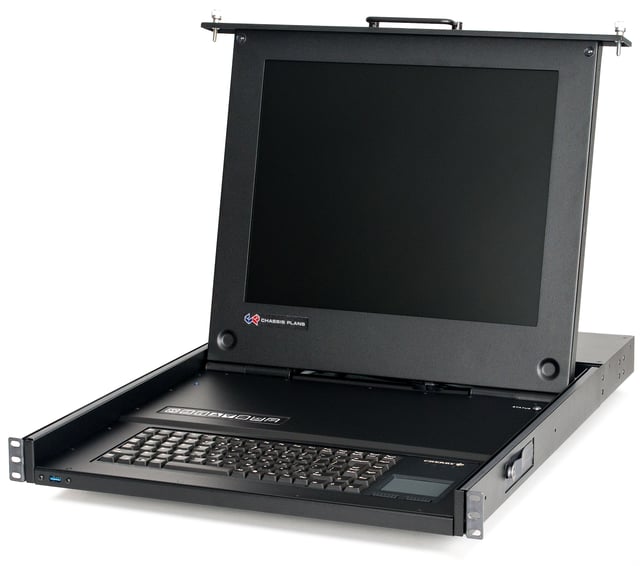 A 1U stowable clamshell 19-inch (48 cm), 4:3 rack mount LCD monitor with keyboard