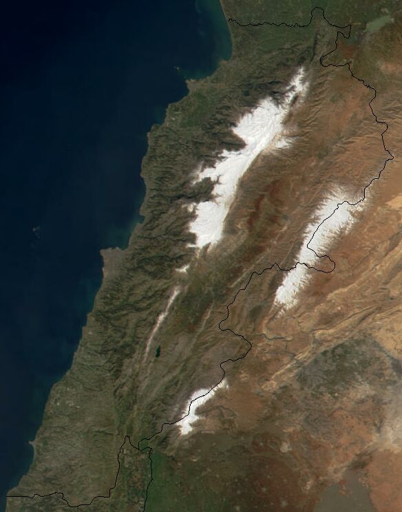 Lebanon from space. Snow cover can be seen on the western Mount Lebanon and eastern Anti-Lebanon mountain ranges