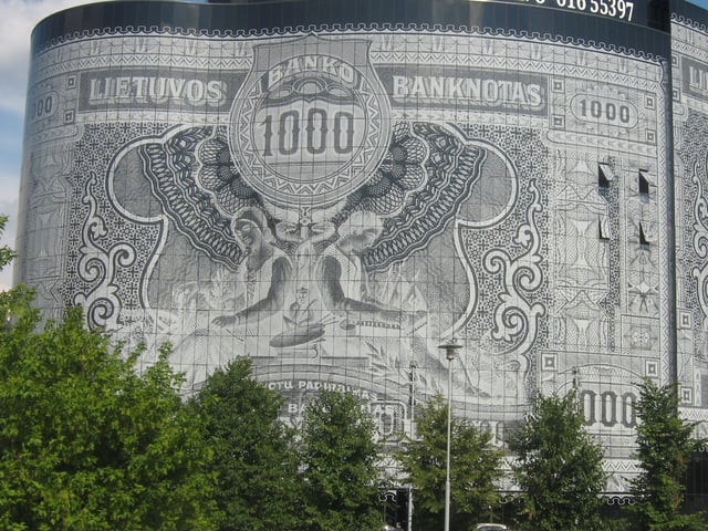Business centre decorated with a 1000 Lithuanian litas banknote design