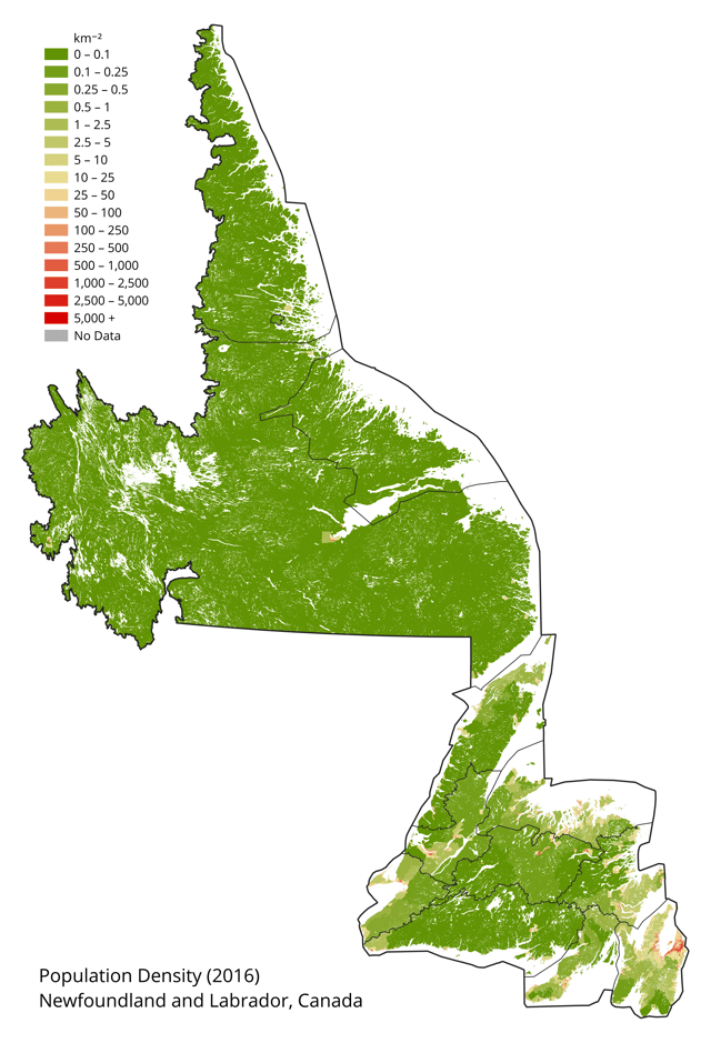 Population density of Newfoundland and Labrador (2016)