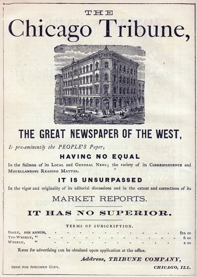 An 1870 advertisement for Chicago Tribune subscriptions