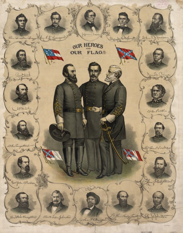 Three versions of the flag of the Confederate States of America and the Confederate Battle Flag are shown on this printed poster from 1896.