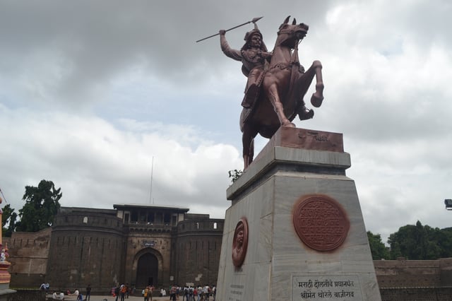 An equestrian statue of Peshwa Baji Rao I outside Shaniwar Wada. He expanded the Maratha Empire in north India c. 1730.