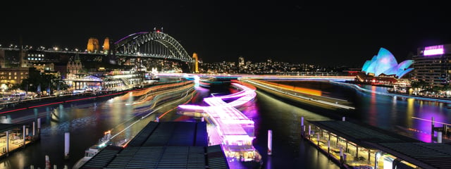 The Sydney Harbour Bridge and Sydney Opera House illuminated during the 2015 Vivid Sydney festival of light