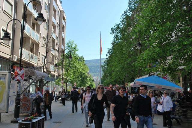 People on Macedonia street, the main pedestrian axis of the city.