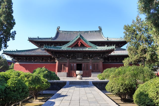 Example of an East Asian hip-and-gable roof at the Longxing Buddhist Temple, China.