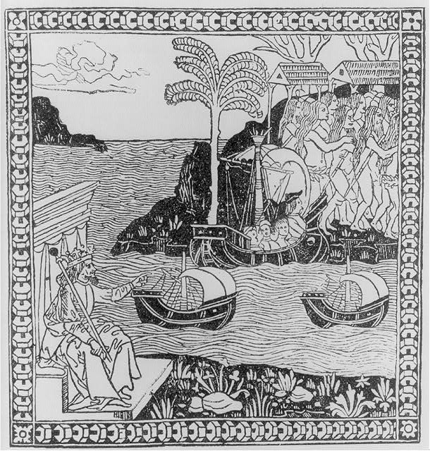 Ferdinand the Catholic points across the Atlantic to the landing of Columbus, with naked natives. Frontispiece of Giuliano Dati's Lettera, 1493.