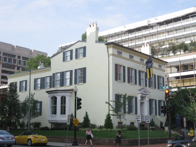Historic F Street House is the President of GWU's official residence. Behind is the HQ of the International Monetary Fund.