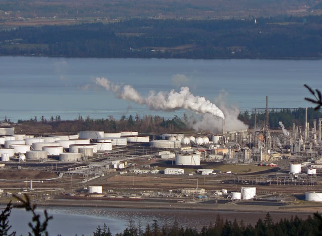 Storage tanks and towers at Shell Puget Sound Refinery, Anacortes, Washington