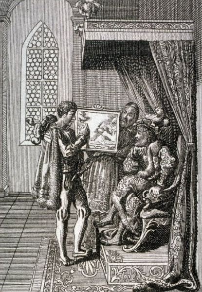 Columbus offers his services to the King of Portugal; Chodowiecki, 17th c.
