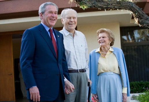 President George W. Bush with Ford and his wife Betty on April 23, 2006; this is the last known public photo of Gerald Ford.
