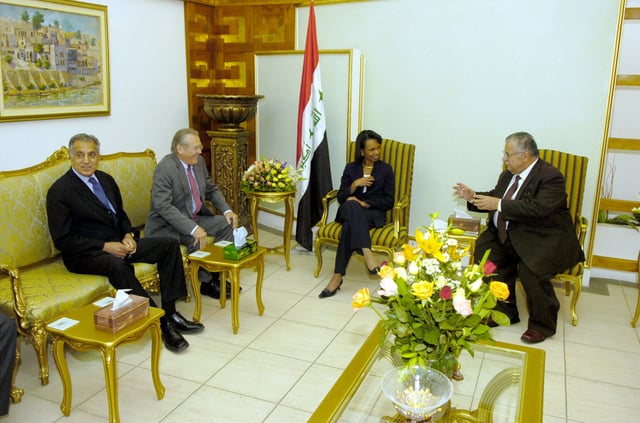 The President of Iraq, Jalal Talabani, meeting with U.S. officials in Baghdad, Iraq, on 26 April 2006.