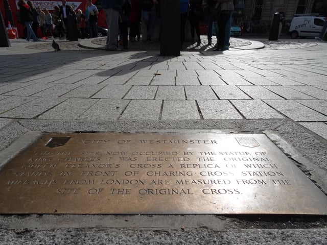 Plaque at the original site of Charing Cross, now the site of the Charles I statue.