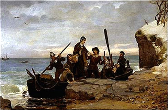 "The Landing of the Pilgrims."(1877) by Henry A. Bacon. The Pilgrims are traditionally said to have landed at Plymouth Rock