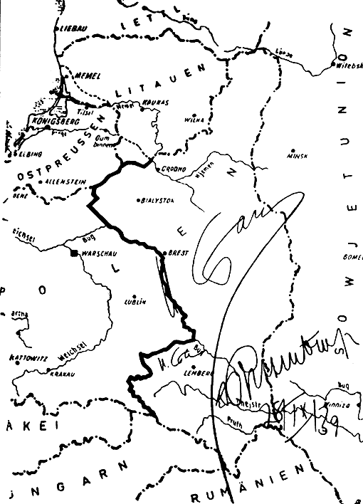 "Second Ribbentrop–Molotov Pact" of 28 September 1939. Map of Poland signed by Stalin and Ribbentrop (focused on the Kresy) adjusting the German–Soviet border in the aftermath of German and Soviet invasion of Poland.