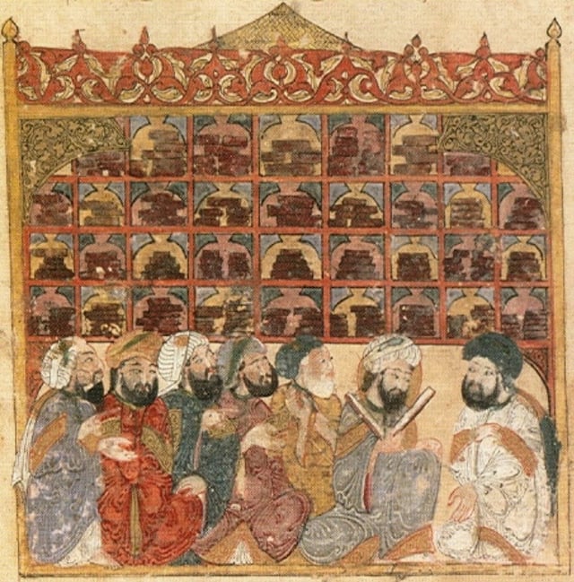 Scholars at an Abbasid library in Baghdad. Maqamat of al-Hariri Illustration, 123.