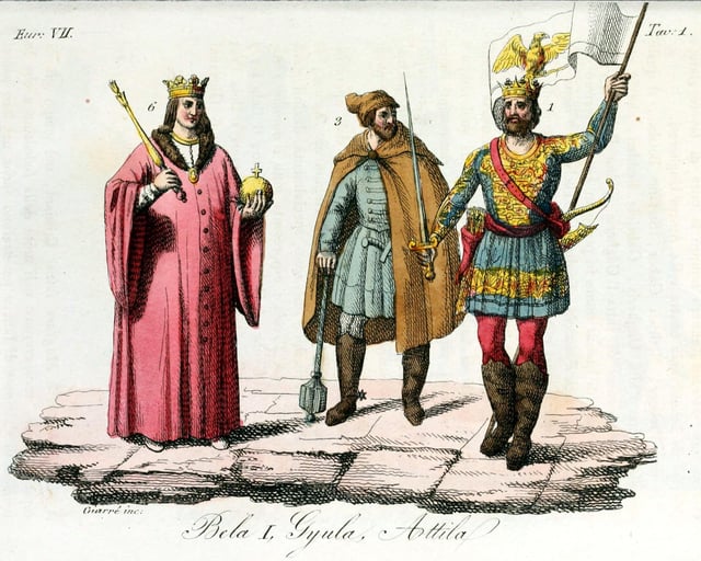 Attila (right) as a king of Hungary together with Gyula and Béla I, Illustration for Il costume antico e moderno by Giulio Ferrario (1831).