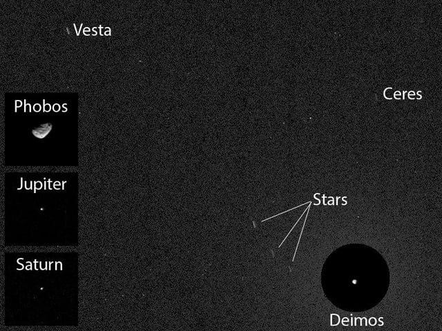 First asteroid image (Ceres and Vesta) from Mars – viewed by Curiosity (20 April 2014).