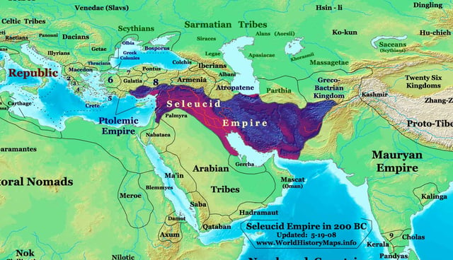 The Seleucid Empire in 200 BC (before expansion into Anatolia and Greece).