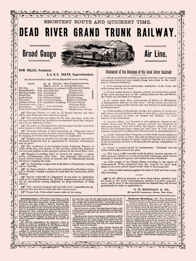 An 1871 American advertisement promoting temperance, styled as a fictitious railroad advertisement