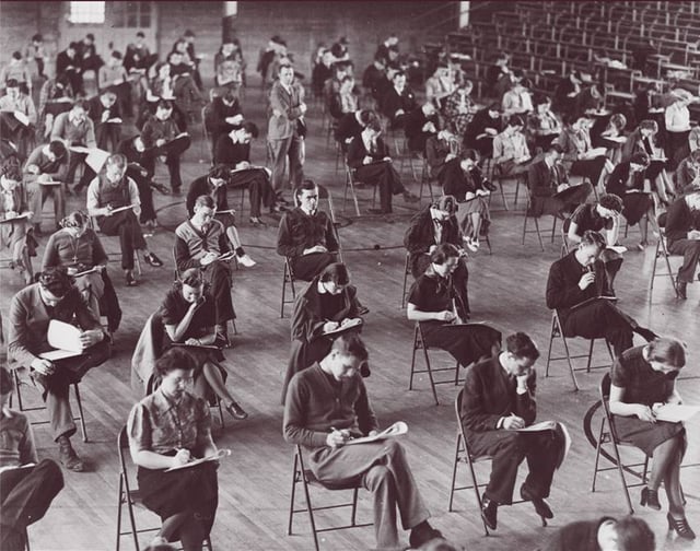 1930s-era students at Hamline University taking finals