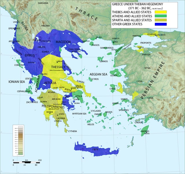 Map of Greece during the height of Theban power in 362 BC, showing Theban, Spartan and Athenian power blocks.