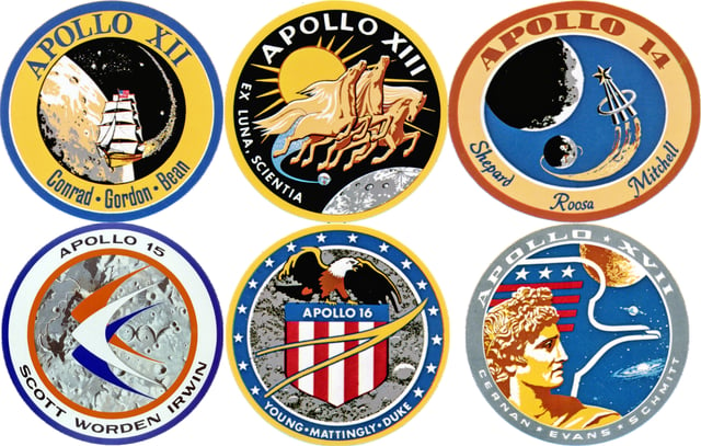 Apollo production crewed lunar landing mission patches. Click on a patch to read the main article about that mission