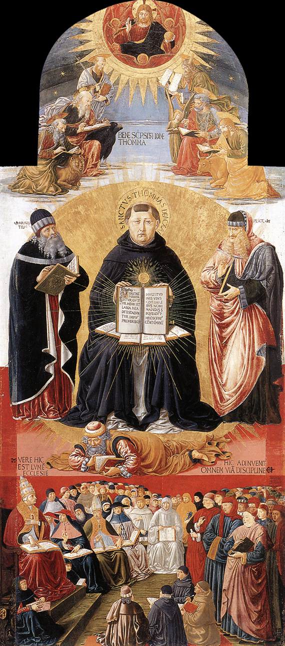 Triumph of St Thomas Aquinas, "Doctor Communis", between Plato and Aristotle, Benozzo Gozzoli,1471. Louvre, Paris