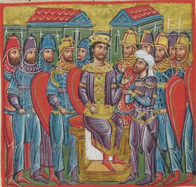 Alexander the Great in Byzantine Emperor's clothes, by a manuscript depicting scenes from his life (between 1204-1453)