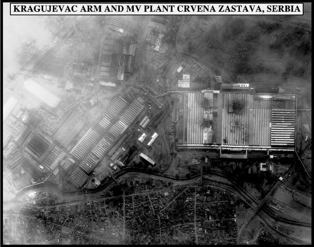 Post-strike bomb damage assessment photograph of the Kragujevac Armor and Motor Vehicle Plant Crvena Zastava, Serbia