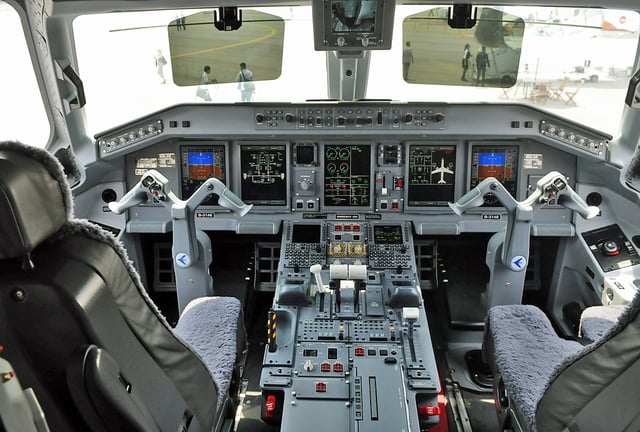 The flight deck of a China Southern Airlines Embraer E-Jet series aircraft.