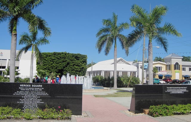 The Heroes Square in the centre of George Town, which commemorates Cayman Islands' war dead. The Legislative Assembly building is at the left.