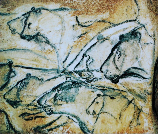 Upper Paleolithic cave painting depicting lions, found in the Chauvet Cave, France.