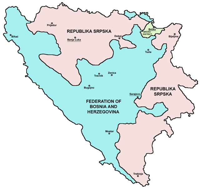 Bosnia and Herzegovina consists of the Federation of Bosnia and Herzegovina (FBiH); Republika Srpska (RS); and Brčko District (BD).