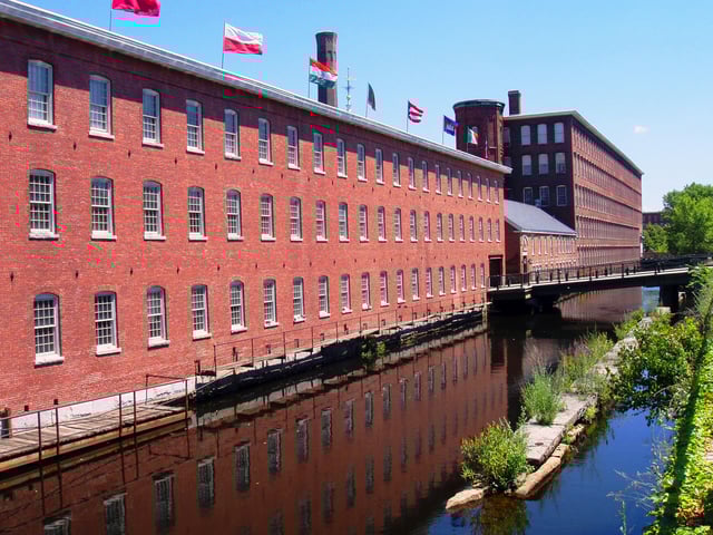 Textile mills such as the Boott Mills in Lowell made Massachusetts a leader in the Industrial Revolution in the United States.